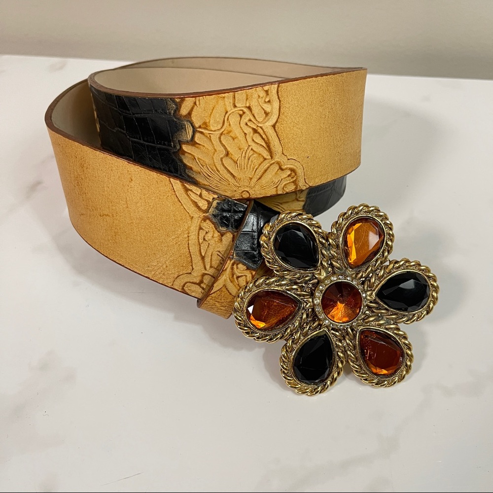 Brambilla Milano Italy Tooled Leather Belt Gemstone Jelly Belly Large Flower S